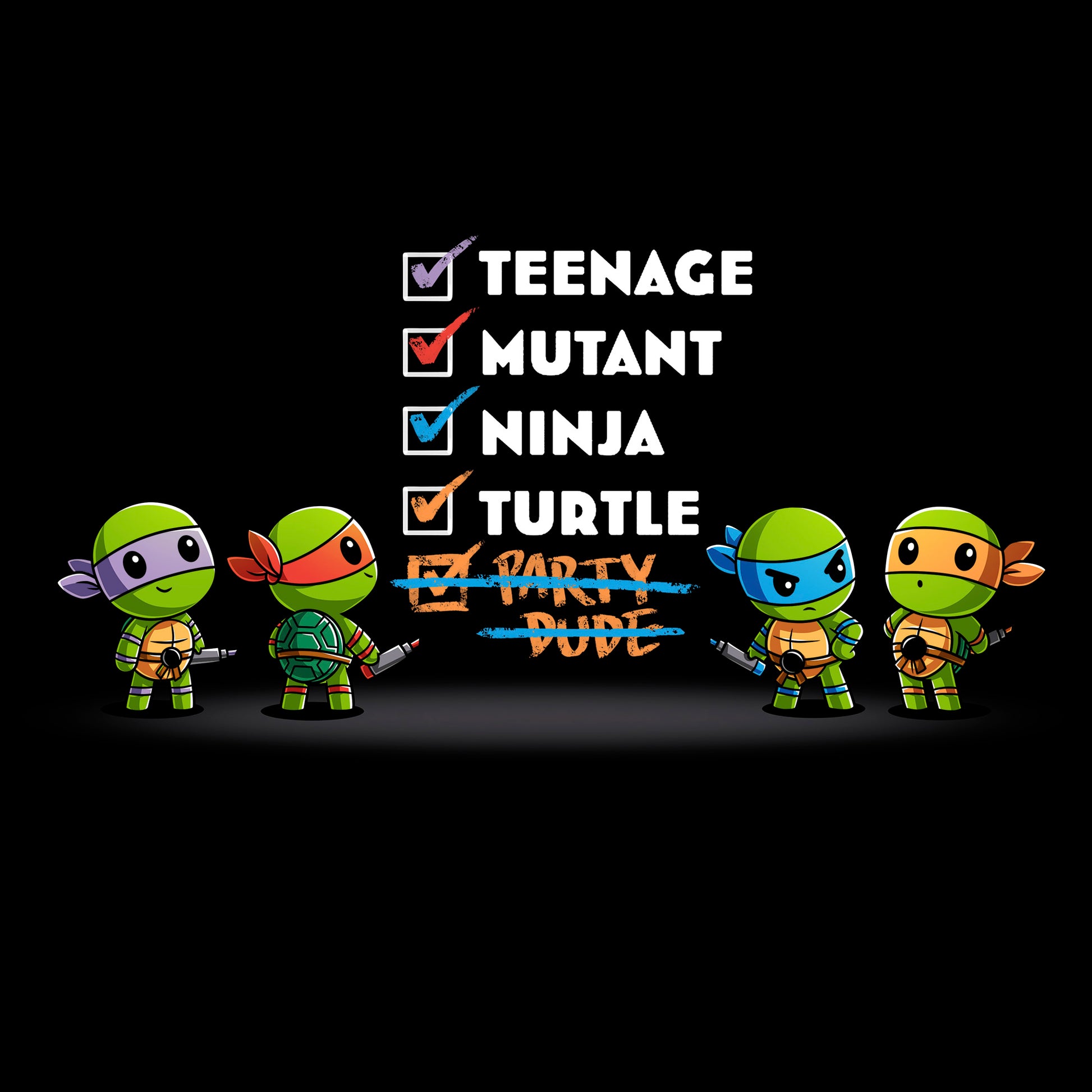 Crew Neck Sweatshirt_TeeTurtle black Teenage Mutant Ninja Turtle Checklist apparel featuring Leonardo, Raphael, Michelangelo, and Donatello standing in front of a checklist with the checked-off entries, Teenage, Mutant, Ninja, Turtle, and Party Dude, with the last crossed out.