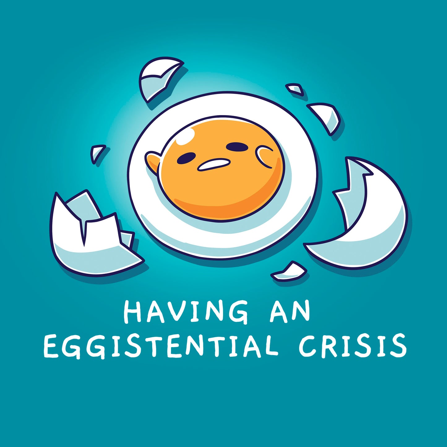 Classic Cotton T-shirt_TeeTurtle tropical blue Having An Eggistential Crisis apparel featuring Gudetama in a round yolk form surrounded by pieces of broken eggshells having an existential crisis with the caption, “Having An Eggistential Crisis“.
