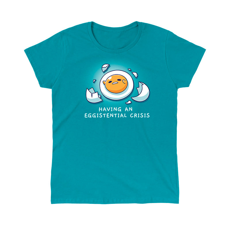 Classic Cotton T-shirt_TeeTurtle tropical blue Having An Eggistential Crisis apparel featuring Gudetama in a round yolk form surrounded by pieces of broken eggshells having an existential crisis with the caption, “Having An Eggistential Crisis“.