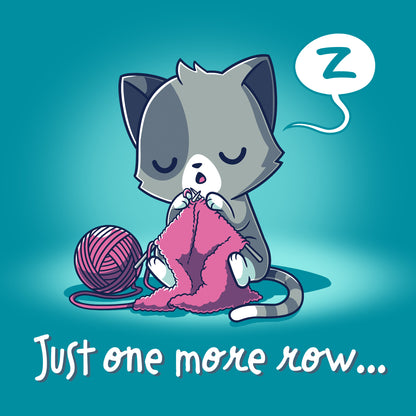 Classic Cotton T-shirt_TeeTurtle Just One More Row tropical blue t-shirt featuring a sleepy gray cat knitting/crafting with pink yarn.