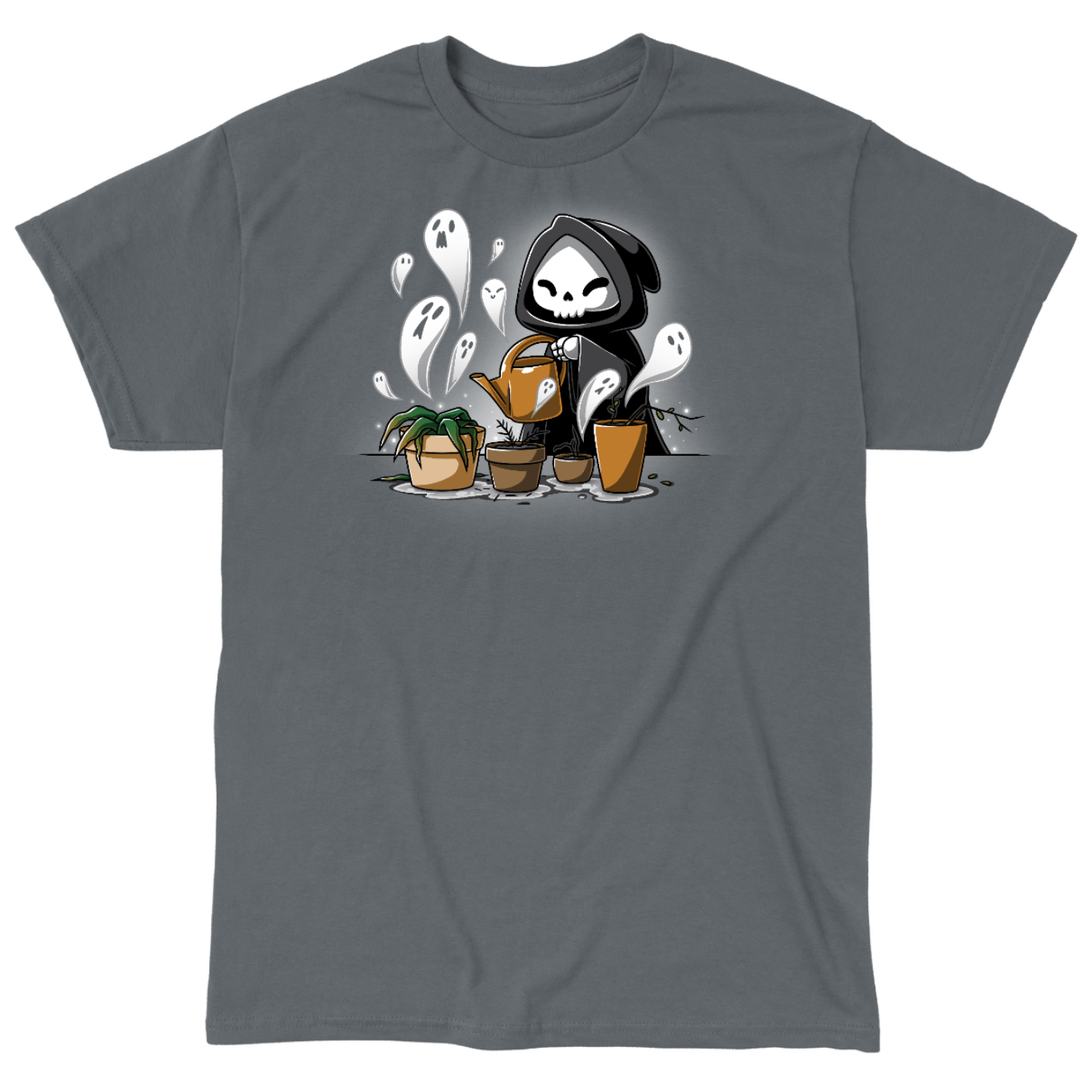 Classic Cotton T-shirt_TeeTurtle charcoal Certified Black Thumb Classic Cotton T-shirt featuring a grim reaper watering wilted and dead plants that have little ghosts emerging from them