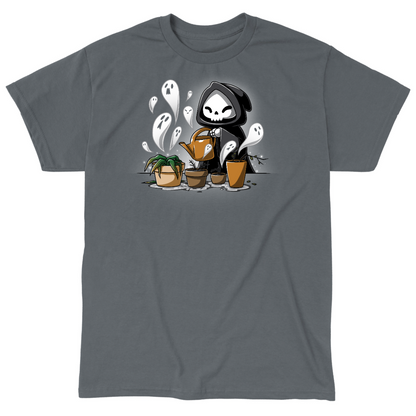 Classic Cotton T-shirt_TeeTurtle charcoal Certified Black Thumb Classic Cotton T-shirt featuring a grim reaper watering wilted and dead plants that have little ghosts emerging from them