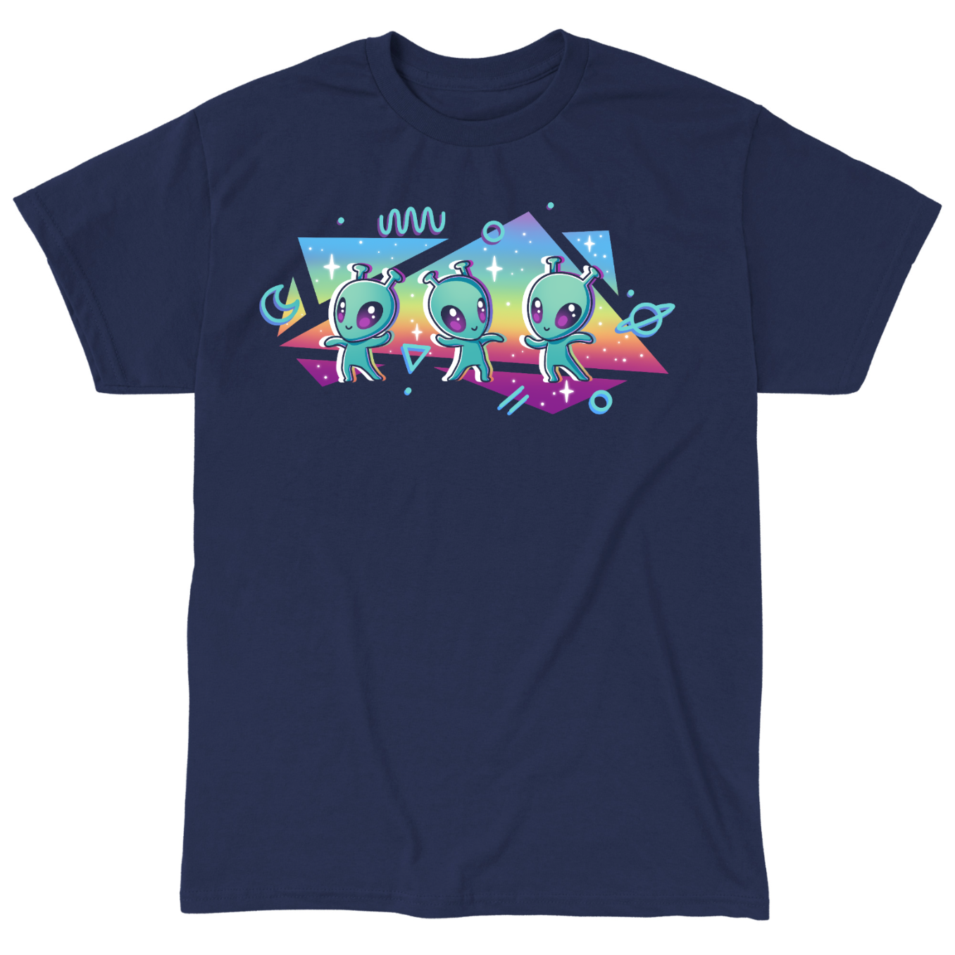 Classic Cotton T-shirt_TeeTurtle navy "Interstellar Pride" Classic Cotton T-shirt featuring three cut aliens dancing in front of geometric shapes filled with a rainbow gradient