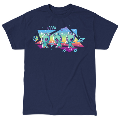 Classic Cotton T-shirt_TeeTurtle navy "Interstellar Pride" Classic Cotton T-shirt featuring three cut aliens dancing in front of geometric shapes filled with a rainbow gradient