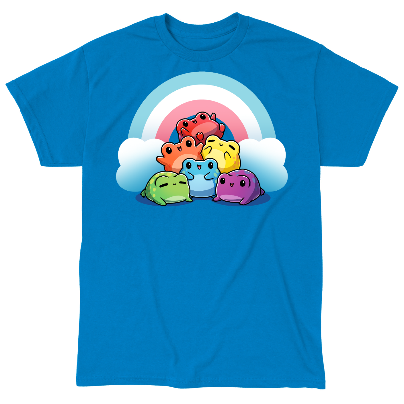 Classic Cotton T-shirt_TeeTurtle sapphire Hoppy Pride Classic Cotton T-shirt featuring a pyramid of happy frogs in the rainbow colors in front of a rainbow with the trans pride colors of light blue, white and pink. 