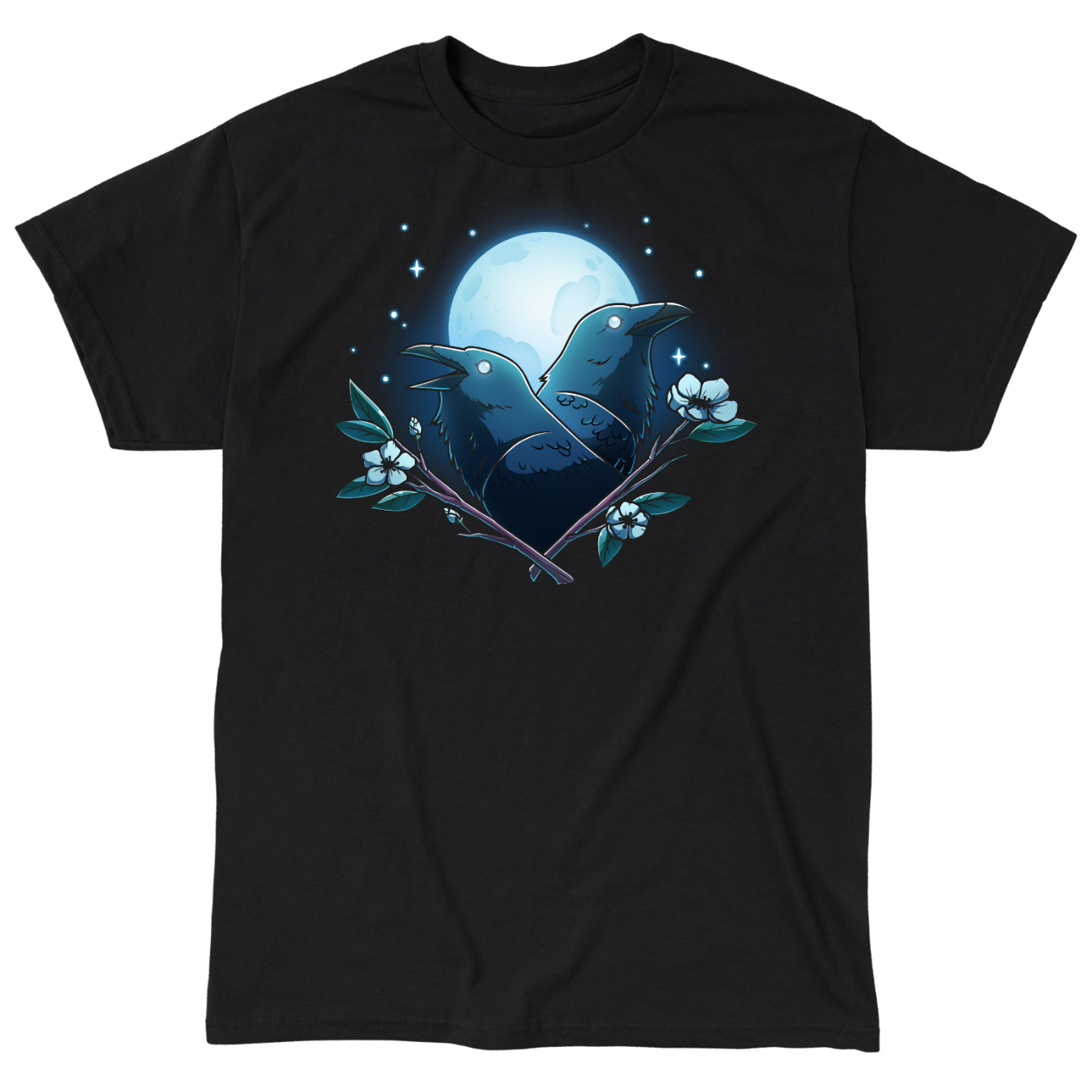 Classic Cotton T-shirt_TeeTurtle black Caw-smic Connection Classic Cotton T-shirt featuring two ravens, two floral branches and a glowing full moon in the background