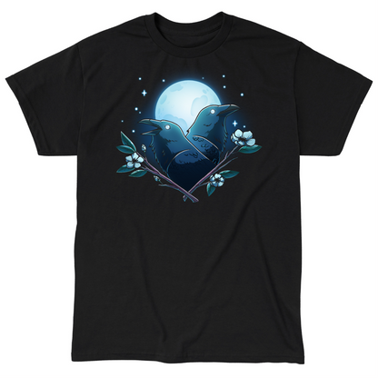 Classic Cotton T-shirt_TeeTurtle black Caw-smic Connection Classic Cotton T-shirt featuring two ravens, two floral branches and a glowing full moon in the background