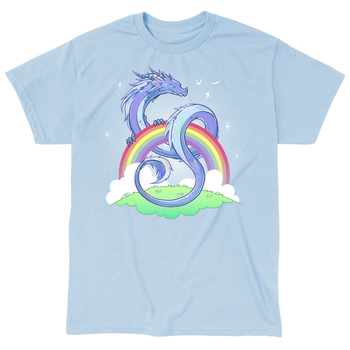 Classic Cotton T-shirt_TeeTurtle light blue Rainbow Protector Classic Cotton T-shirt featuring a smiling dragon protectively looped around a rainbow above a grassy area. There are sparkles around the dragon and rainbow. 