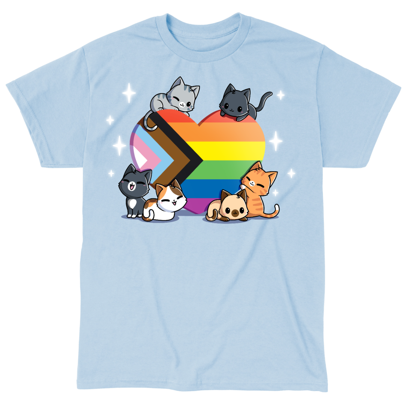 Classic Cotton T-shirt_TeeTurtle light blue Progress Purride Classic Cotton T-shirt featuring six different cats on or around a heart that is the colors of the progress pride flag. There are sparkles around them and all the cats look happy. 