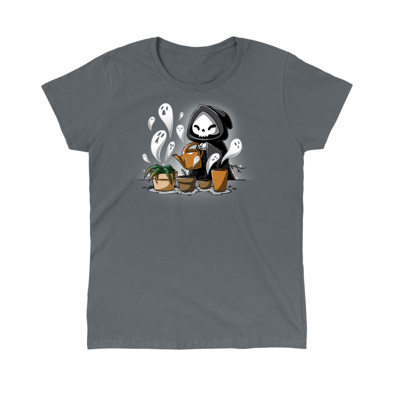 Classic Cotton T-shirt_TeeTurtle charcoal Certified Black Thumb Classic Cotton T-shirt featuring a grim reaper watering wilted and dead plants that have little ghosts emerging from them