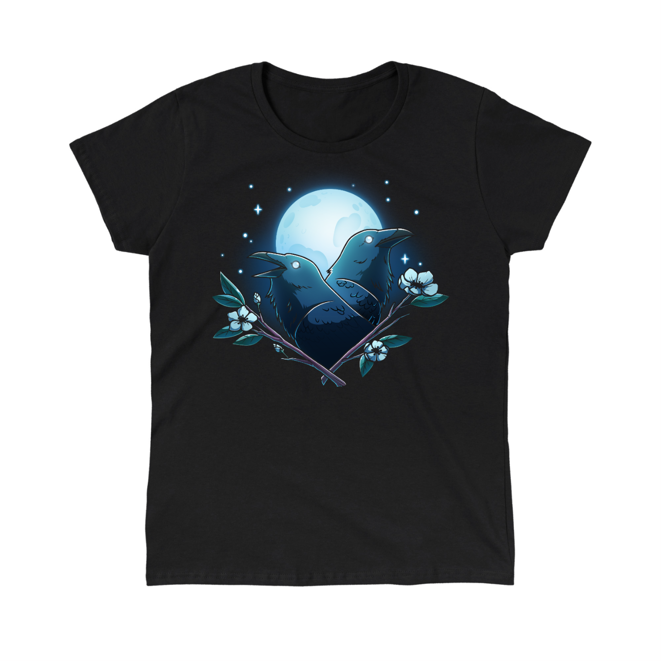 Classic Cotton T-shirt_TeeTurtle black Caw-smic Connection Classic Cotton T-shirt featuring two ravens, two floral branches and a glowing full moon in the background