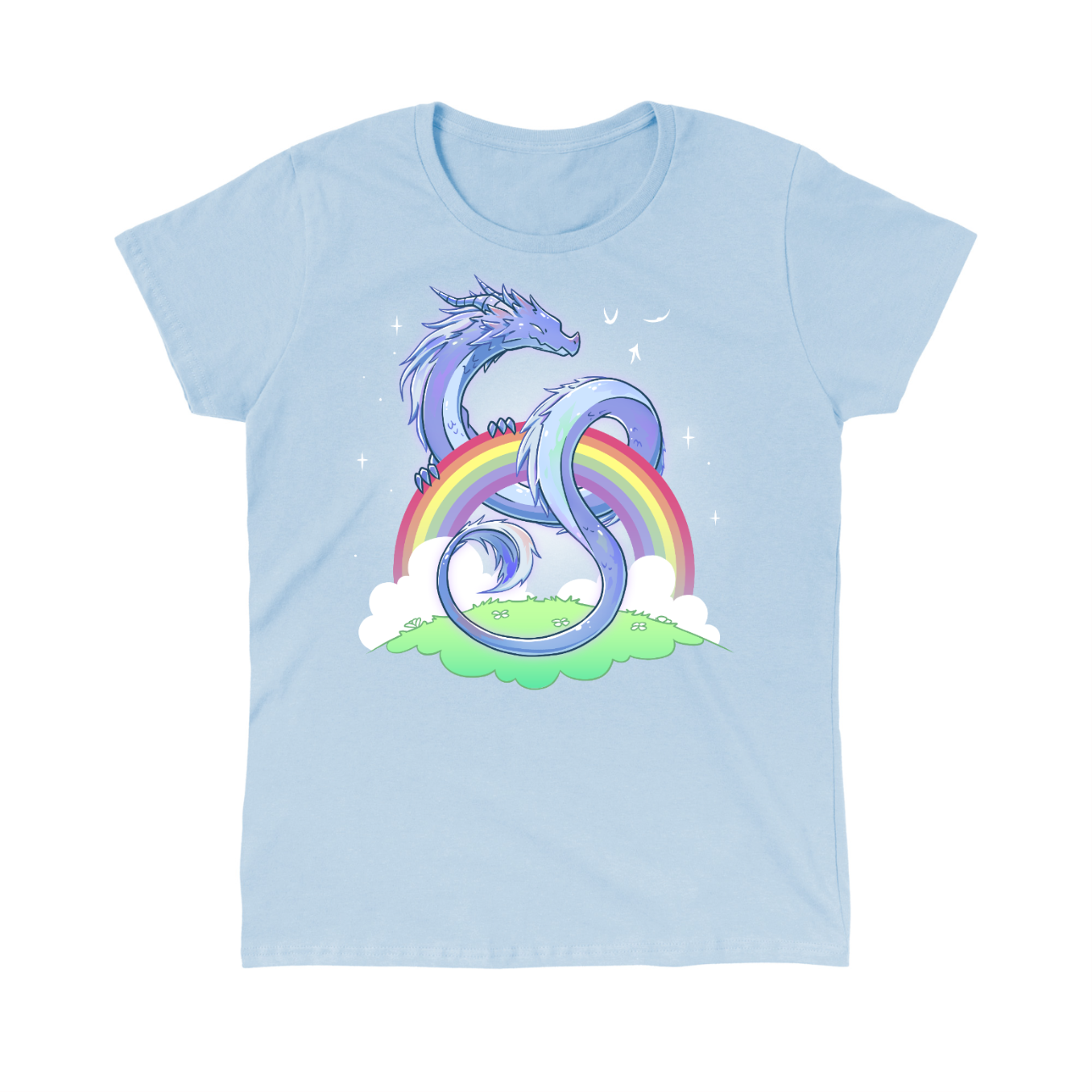 Classic Cotton T-shirt_TeeTurtle light blue Rainbow Protector Classic Cotton T-shirt featuring a smiling dragon protectively looped around a rainbow above a grassy area. There are sparkles around the dragon and rainbow. 