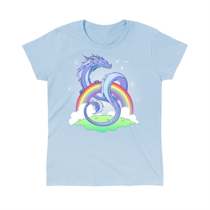 Classic Cotton T-shirt_TeeTurtle light blue Rainbow Protector Classic Cotton T-shirt featuring a smiling dragon protectively looped around a rainbow above a grassy area. There are sparkles around the dragon and rainbow. 