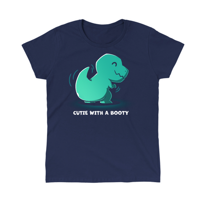 Classic Cotton T-shirt_TeeTurtle navy Cutie With a Booty Classic Cotton T-shirt featuring a happy green t-rex dinosaur wiggling its booty along with the text "Cutie With a Booty" 