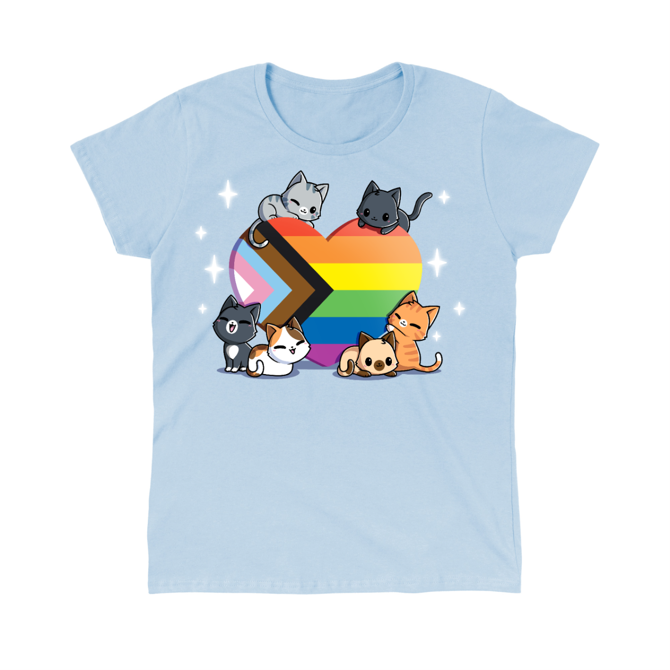 Classic Cotton T-shirt_TeeTurtle light blue Progress Purride Classic Cotton T-shirt featuring six different cats on or around a heart that is the colors of the progress pride flag. There are sparkles around them and all the cats look happy. 