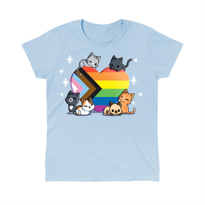 Classic Cotton T-shirt_TeeTurtle light blue Progress Purride Classic Cotton T-shirt featuring six different cats on or around a heart that is the colors of the progress pride flag. There are sparkles around them and all the cats look happy. 