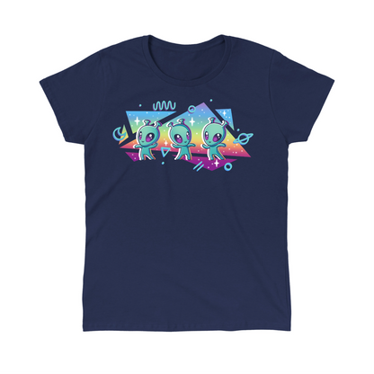 Classic Cotton T-shirt_TeeTurtle navy "Interstellar Pride" Classic Cotton T-shirt featuring three cut aliens dancing in front of geometric shapes filled with a rainbow gradient