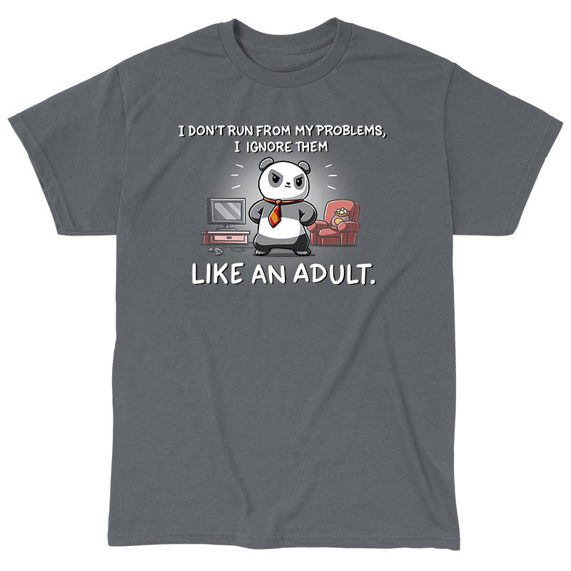 Classic Cotton T-shirt_TeeTurtle I Don't Run From My Problems charcoal gray t-shirt featuring a panda wearing a tie, standing with crossed arms in front of a TV and a chair with chips.