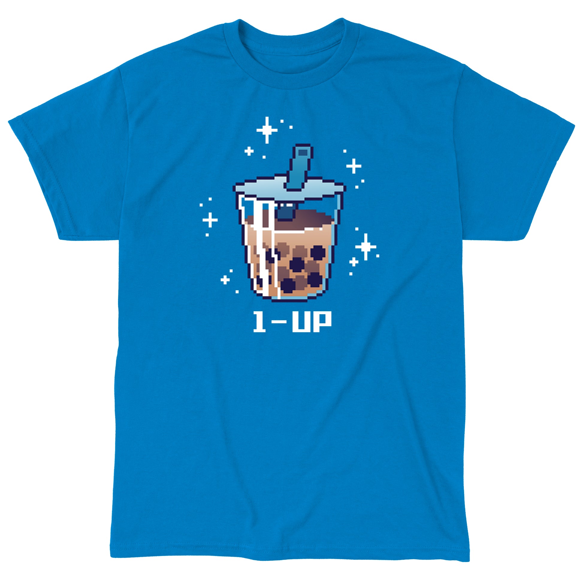 Classic Cotton T-shirt_TeeTurtle - 1-Up Boba Sapphire Blue t-shirt featuring pixel art of boba with a straw.