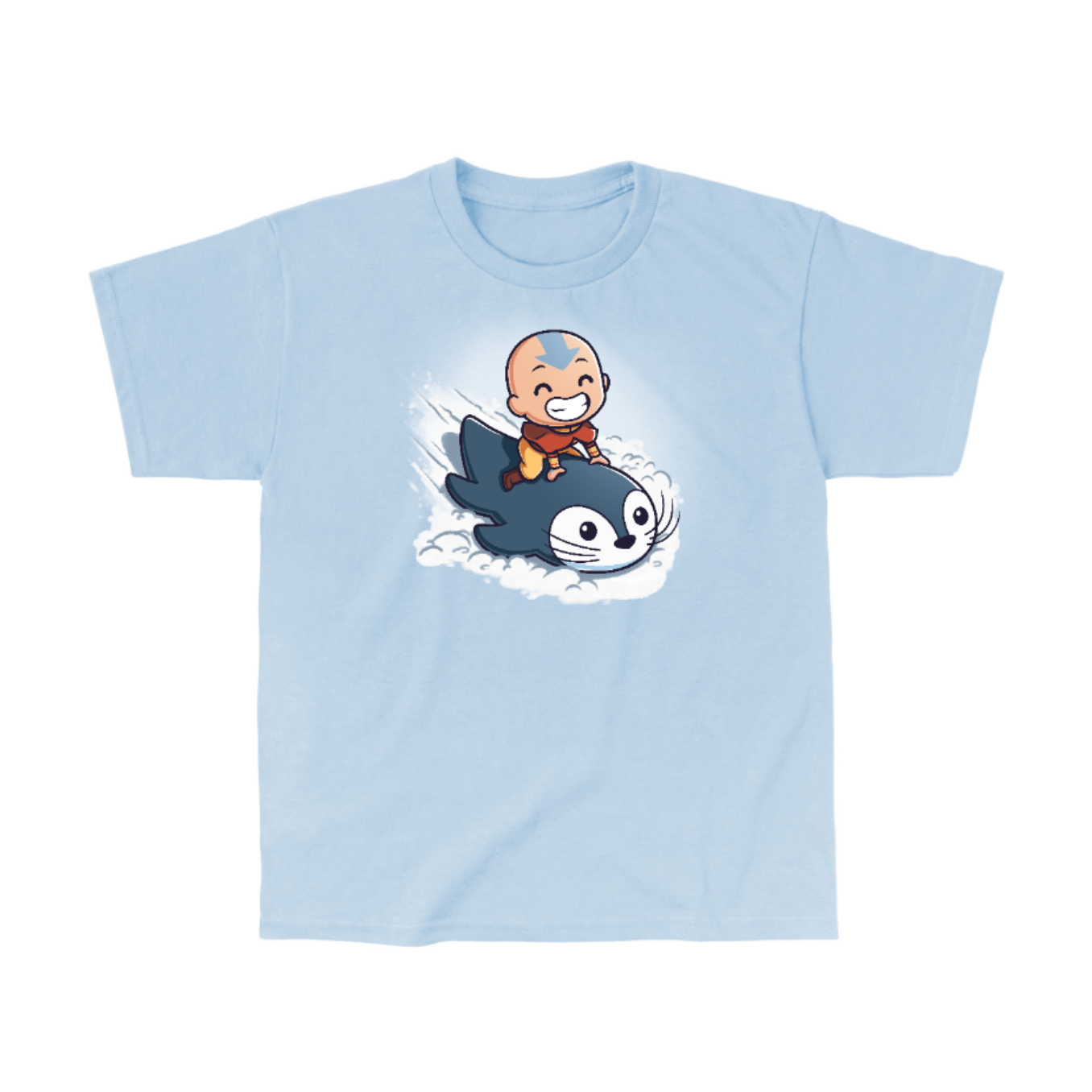 Classic Cotton T-shirt_TeeTurtle light blue Penguin Sledding Classic Cotton T-shirt featuring Aang from Avatar: The Last Airbender joyfully riding an otter penguin through the snow as if it were a sled.