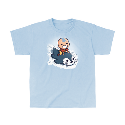 Classic Cotton T-shirt_TeeTurtle light blue Penguin Sledding Classic Cotton T-shirt featuring Aang from Avatar: The Last Airbender joyfully riding an otter penguin through the snow as if it were a sled.