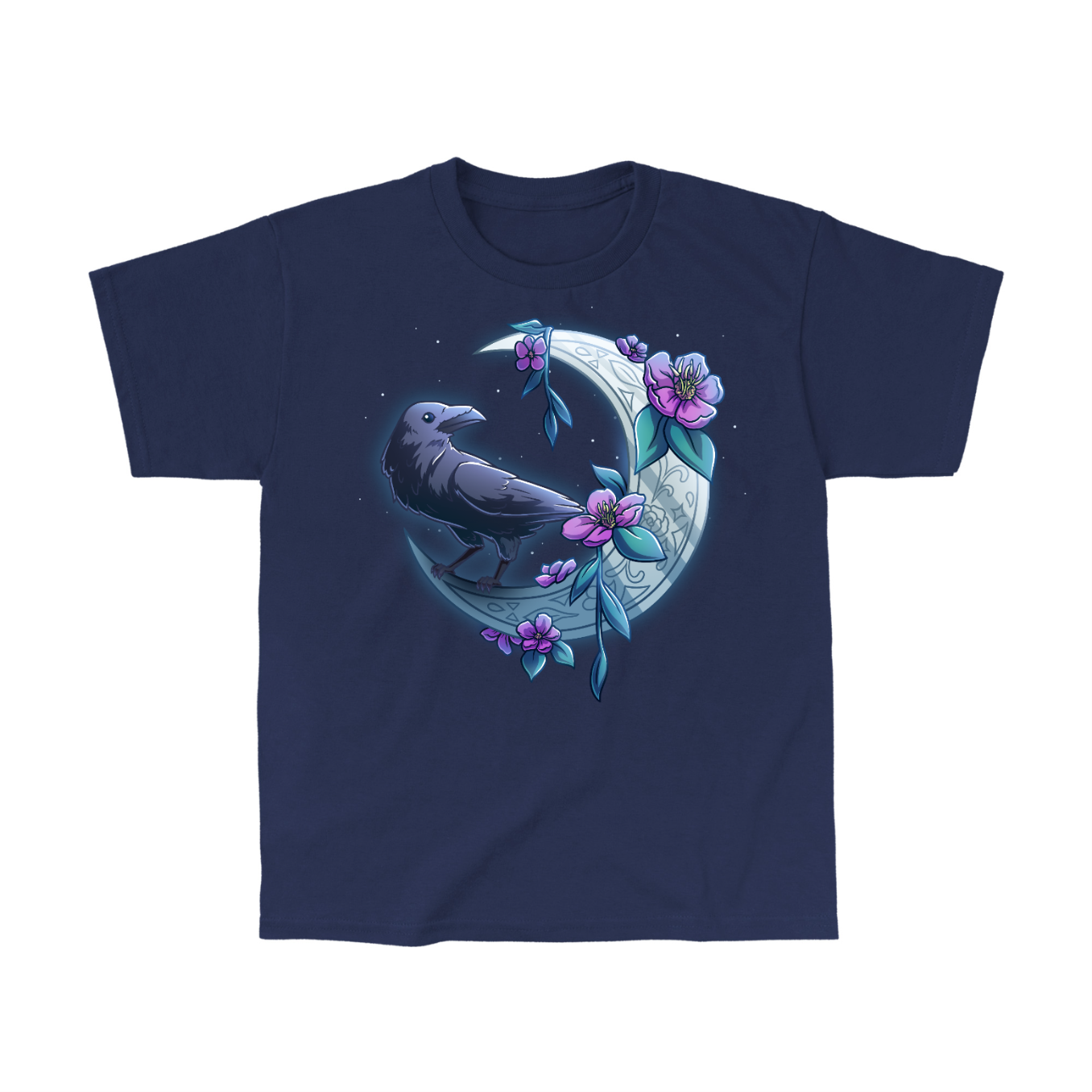 Classic Cotton T-shirt_TeeTurtle navy blue Midnight Perch Classic Cotton T-shirt featuring a raven perched and glowing atop a fancy crescent moon with pink flowers and stars in the background
