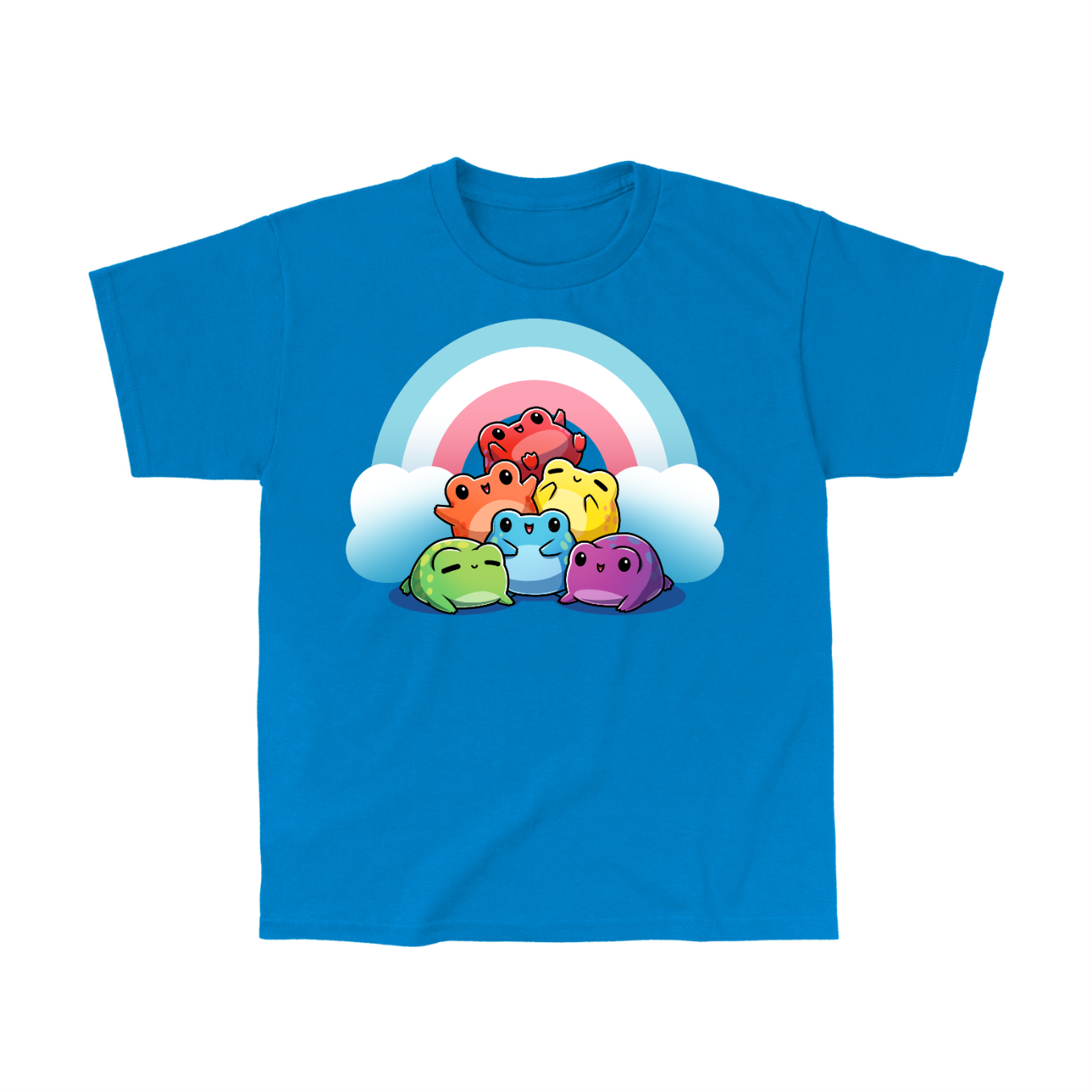 Classic Cotton T-shirt_TeeTurtle sapphire Hoppy Pride Classic Cotton T-shirt featuring a pyramid of happy frogs in the rainbow colors in front of a rainbow with the trans pride colors of light blue, white and pink. 