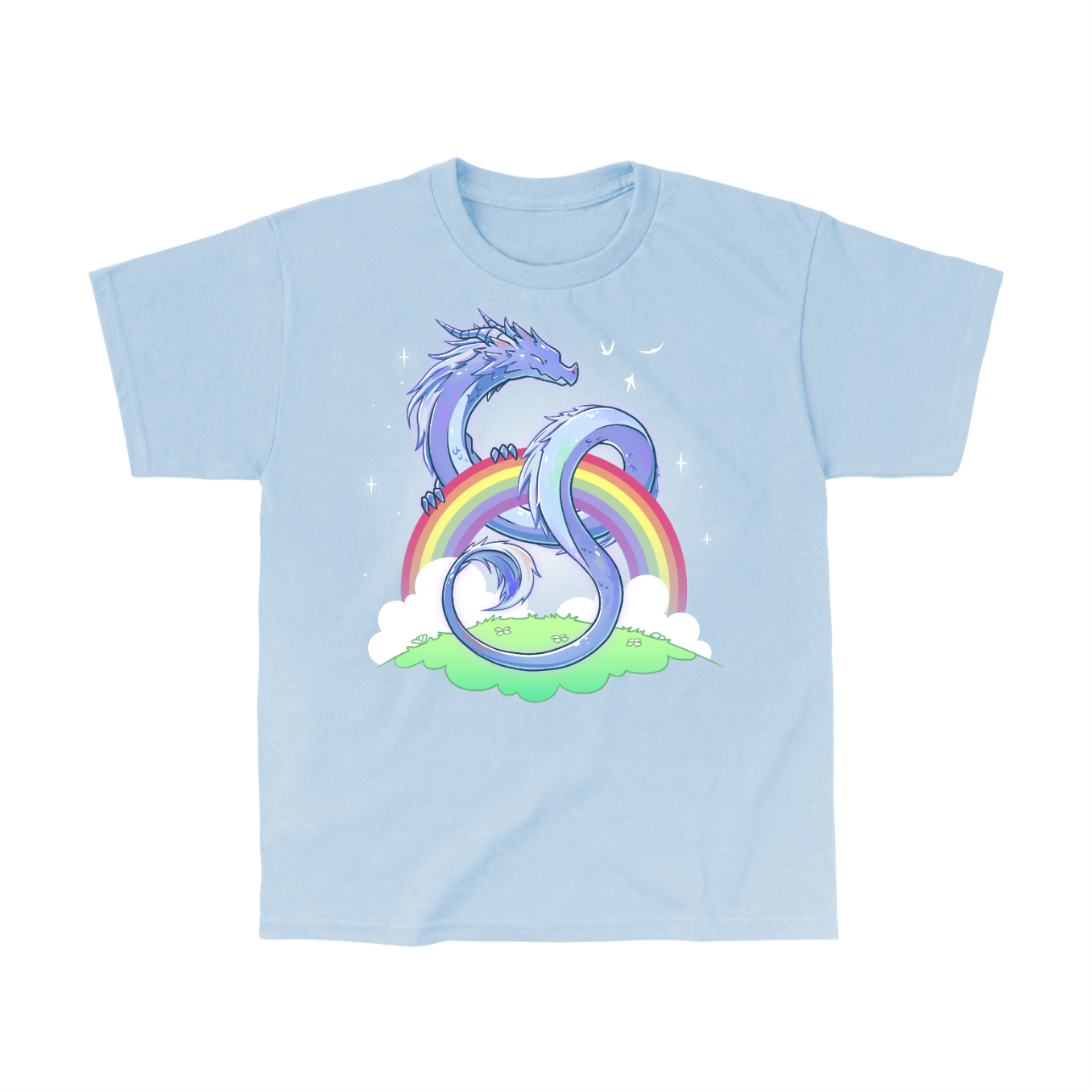 Classic Cotton T-shirt_TeeTurtle light blue Rainbow Protector Classic Cotton T-shirt featuring a smiling dragon protectively looped around a rainbow above a grassy area. There are sparkles around the dragon and rainbow. 