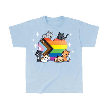 Classic Cotton T-shirt_TeeTurtle light blue Progress Purride Classic Cotton T-shirt featuring six different cats on or around a heart that is the colors of the progress pride flag. There are sparkles around them and all the cats look happy. 