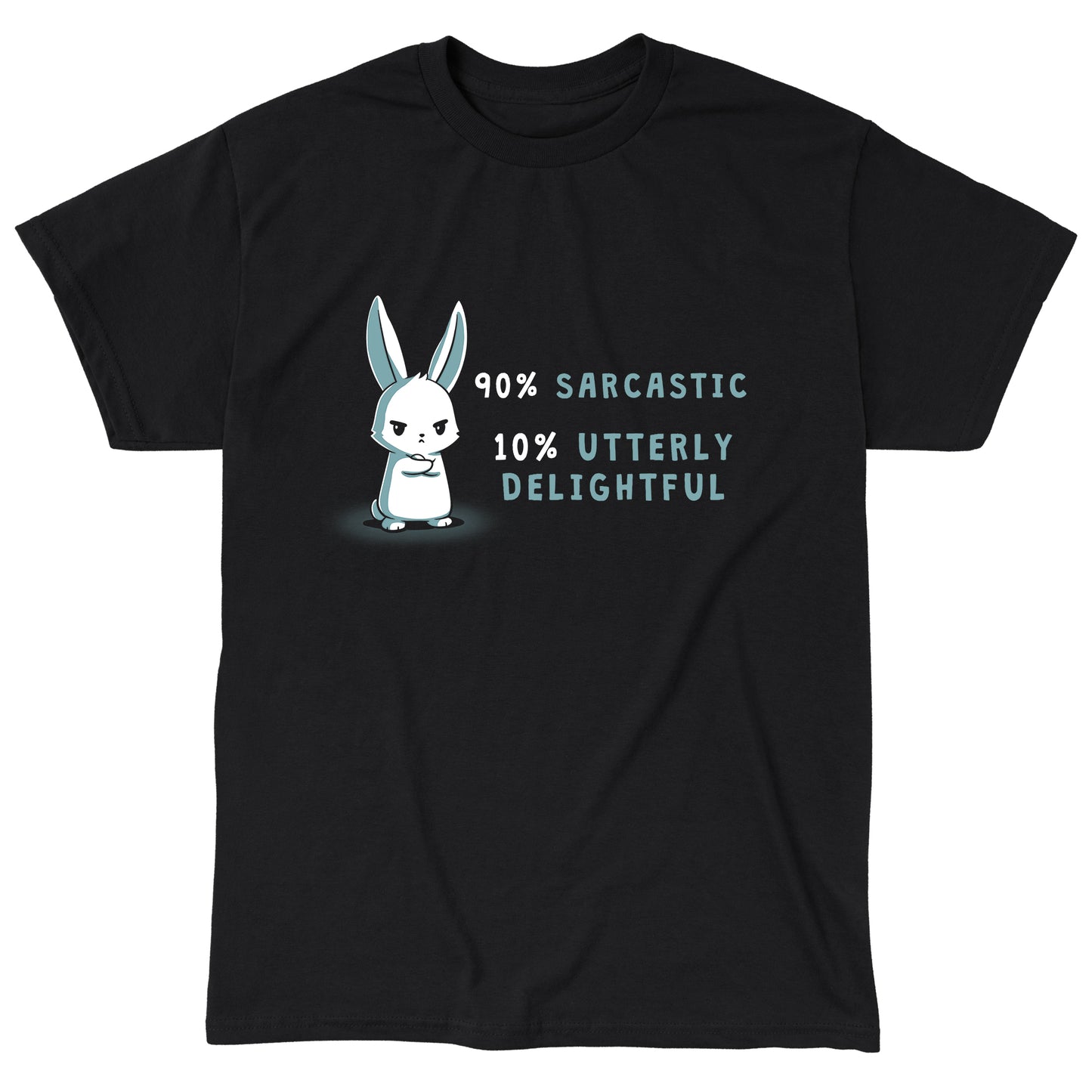 Classic Cotton T-shirt_A cartoon bunny stands with arms crossed on this black apparel. Text reads "90% Sarcastic, 10% Utterly Delightful." Made from super soft cotton, the monsterdigital 90% Sarcastic is the perfect blend of comfort and cheekiness.