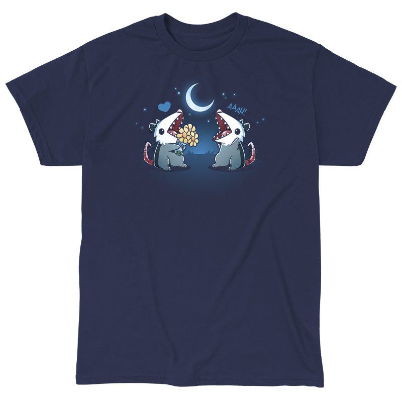 Classic Cotton T-shirt_TeeTurtle  navy blue AAAH Love You apparel featuring two an opossum handing flowers to another opossum exclaiming, "AAAH!" under a moonlit sky.