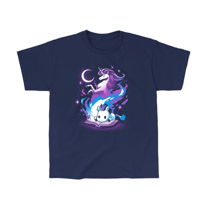 Classic Cotton T-shirt_TeeTurtle A Magical Tale navy blue t-shirt featuring an imaginative young horse reading a book with a magical unicorn in the background.