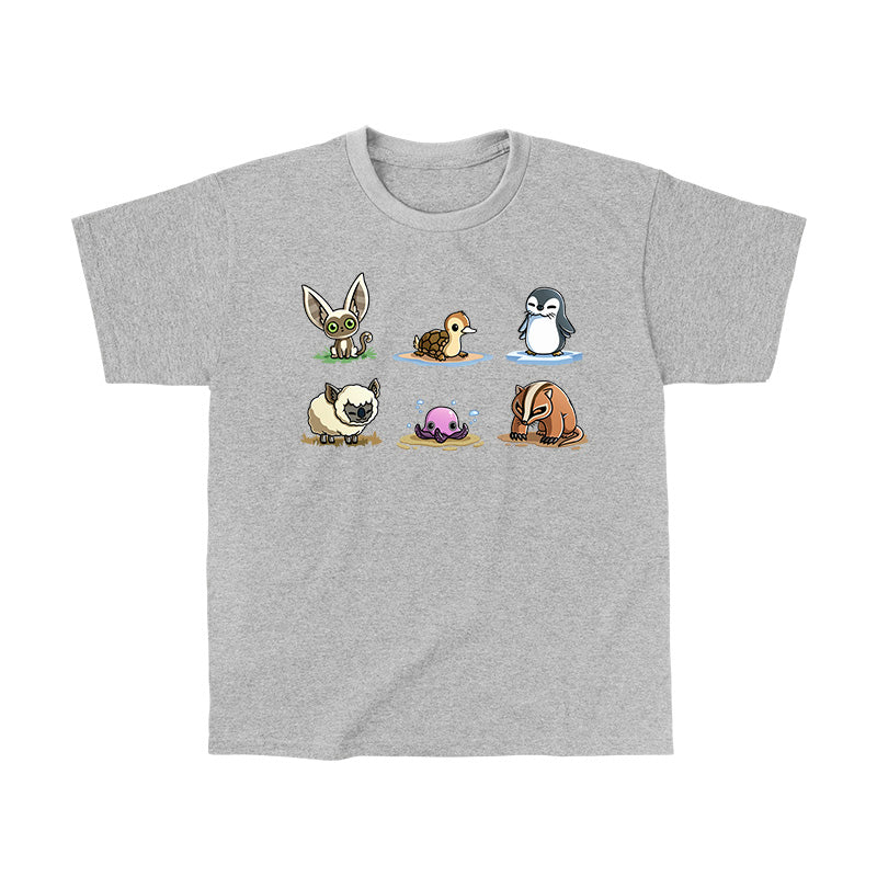 Classic Cotton T-shirt_TeeTurtle heather gray Avatar Animal Friends apparel featuring Momo, turtle duck, otter penguin, koala sheep, purple pentapus, and badgermole in a grid.