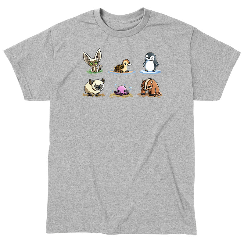 Classic Cotton T-shirt_TeeTurtle heather gray Avatar Animal Friends apparel featuring Momo, turtle duck, otter penguin, koala sheep, purple pentapus, and badgermole in a grid.