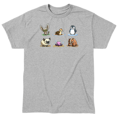 Classic Cotton T-shirt_TeeTurtle heather gray Avatar Animal Friends apparel featuring Momo, turtle duck, otter penguin, koala sheep, purple pentapus, and badgermole in a grid.