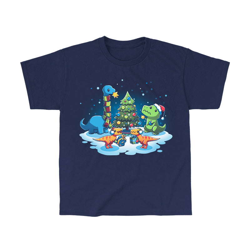 Classic Cotton T-shirt_TeeTurtle A Very Dino Christmas navy blue t-shirt featuring dinosaurs celebrating around a decorated Christmas tree with snow on the ground and dinosaurs holding presents.