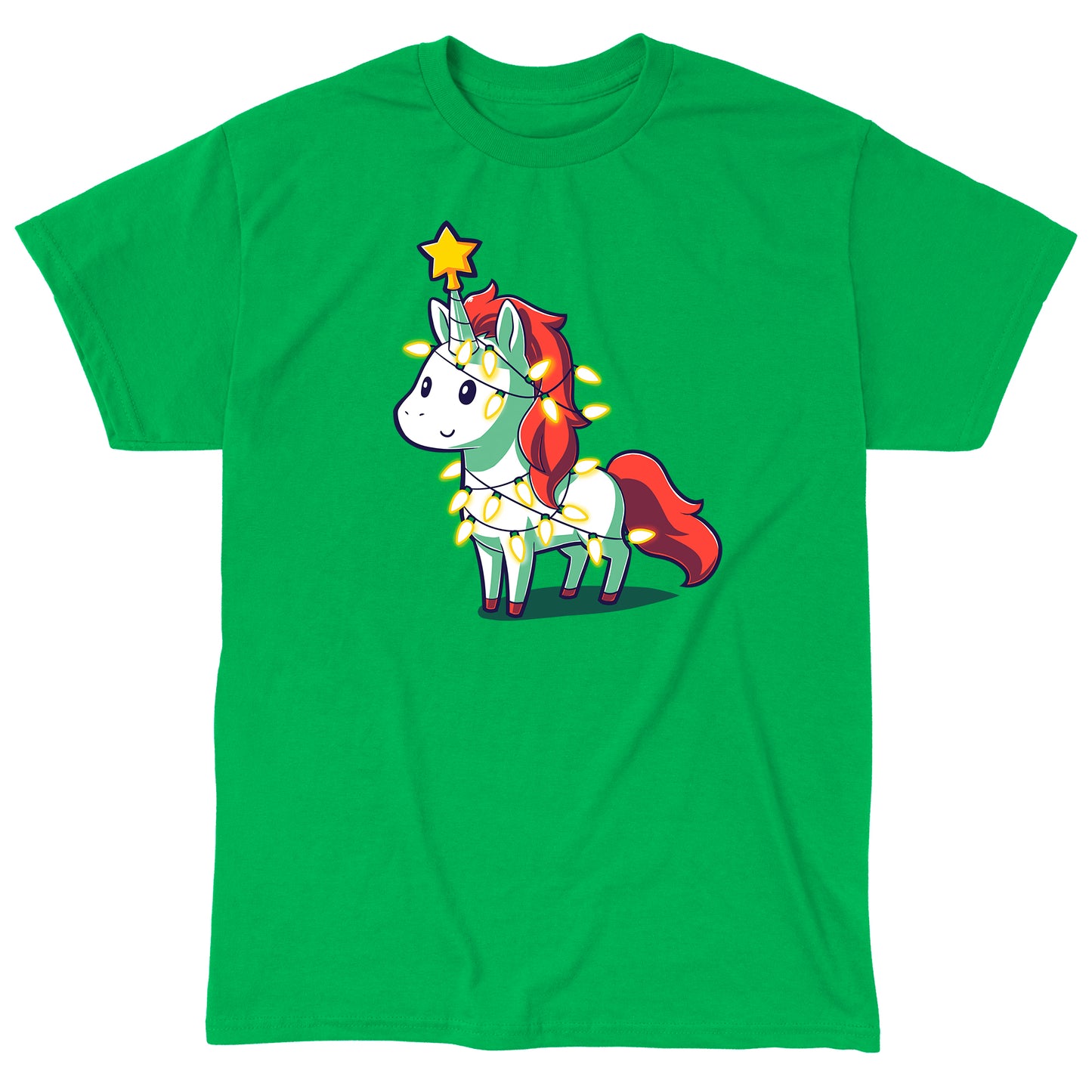 Classic Cotton T-shirt_TeeTurtle A Unicorny Christmas irish green  t-shirt featuring a white unicorn with red mane and tail with a star on its horn and Christmas lights around it.