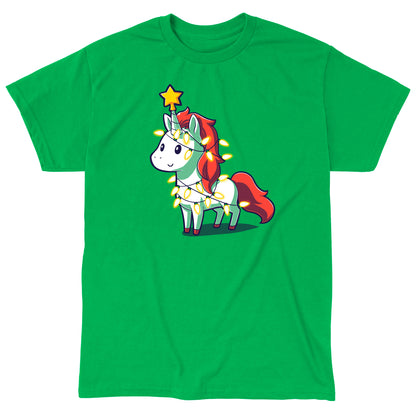 Classic Cotton T-shirt_TeeTurtle A Unicorny Christmas irish green  t-shirt featuring a white unicorn with red mane and tail with a star on its horn and Christmas lights around it.