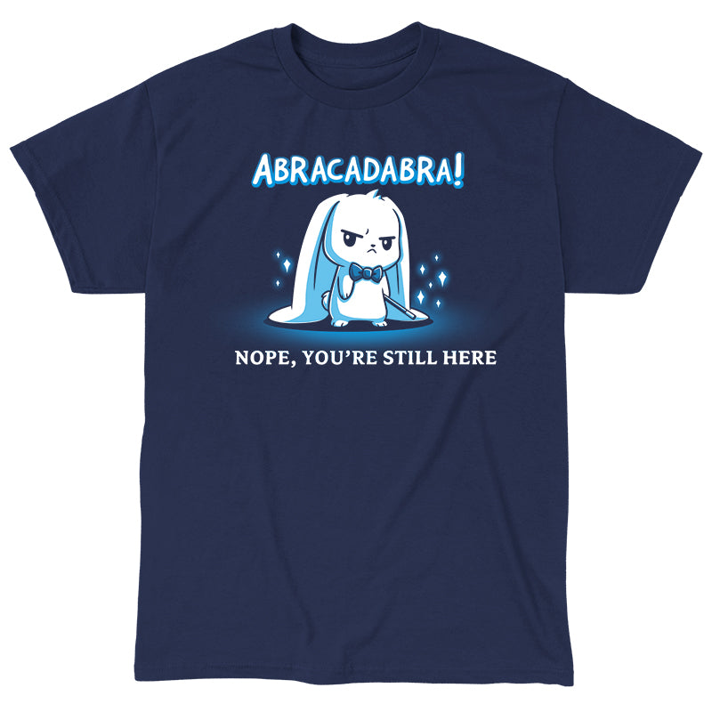 Classic Cotton T-shirt_TeeTurtle Abracadabra navy blue t-shirt featuring a serious-looking white rabbit wearing a bow tie and holding a magic wand 