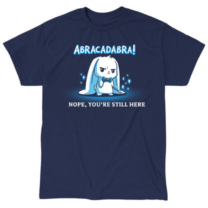 Classic Cotton T-shirt_TeeTurtle Abracadabra navy blue t-shirt featuring a serious-looking white rabbit wearing a bow tie and holding a magic wand 