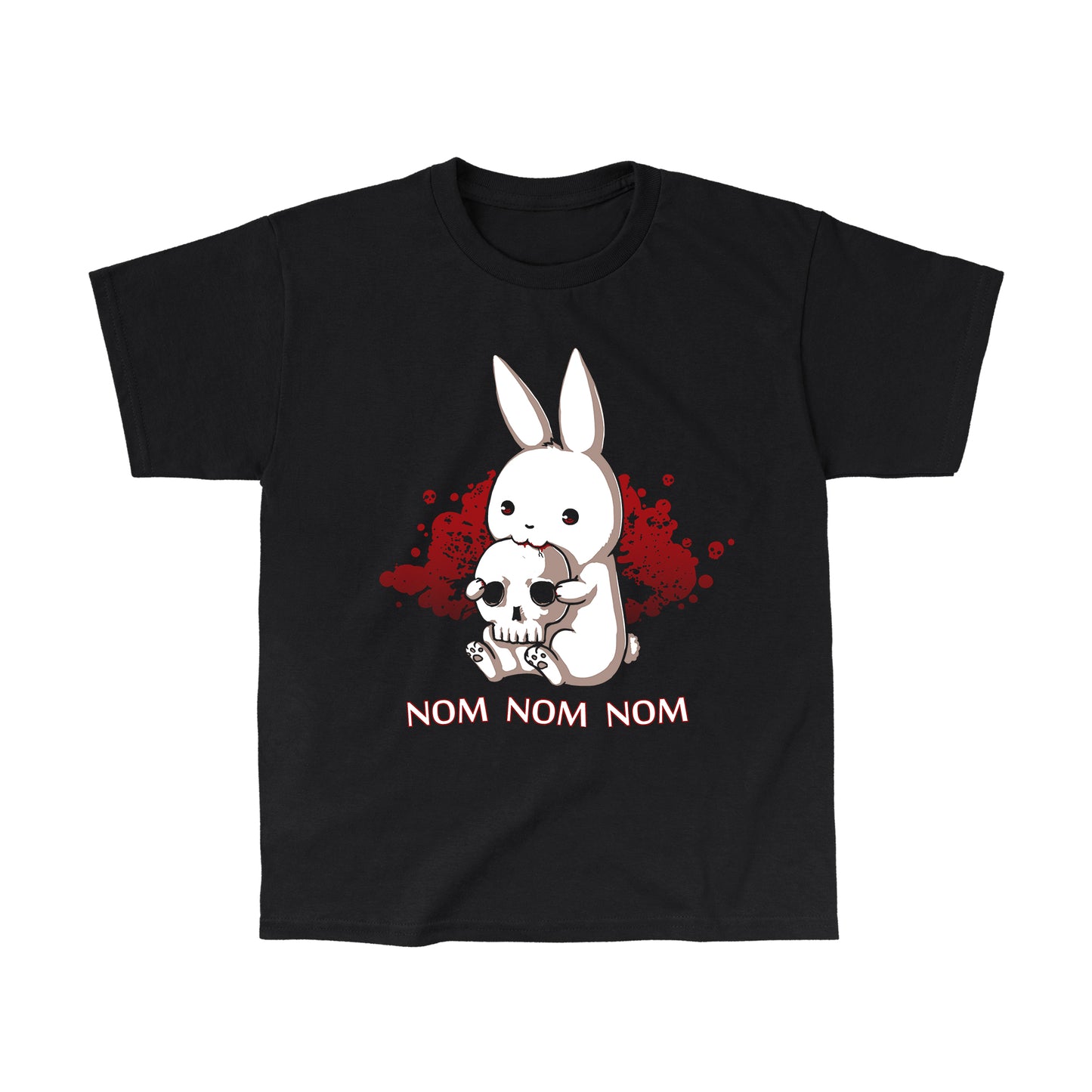 Classic Cotton T-shirt_TeeTurtle Adorable Monstrosity black t-shirt featuring an adorable bunny biting into a skull with the words "nom nom nom." nom."