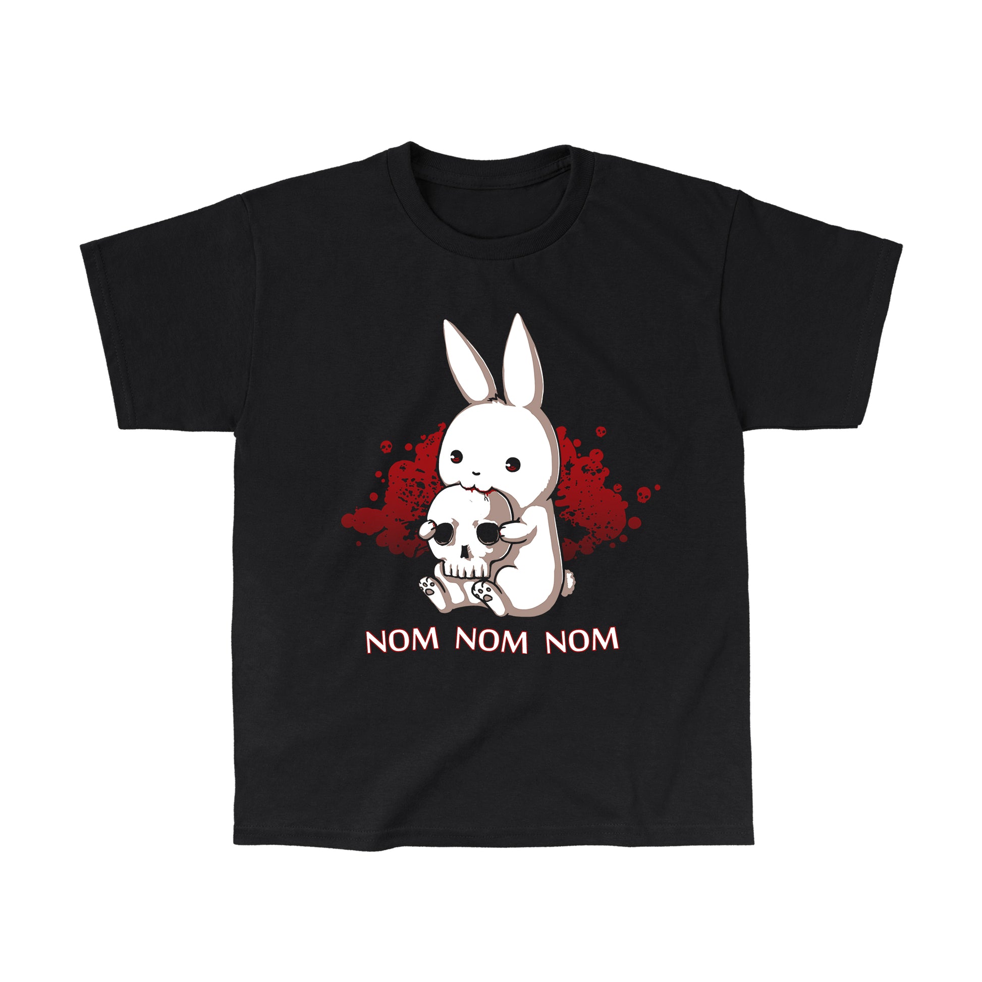 Classic Cotton T-shirt_TeeTurtle Adorable Monstrosity black t-shirt featuring an adorable bunny biting into a skull with the words "nom nom nom." nom."