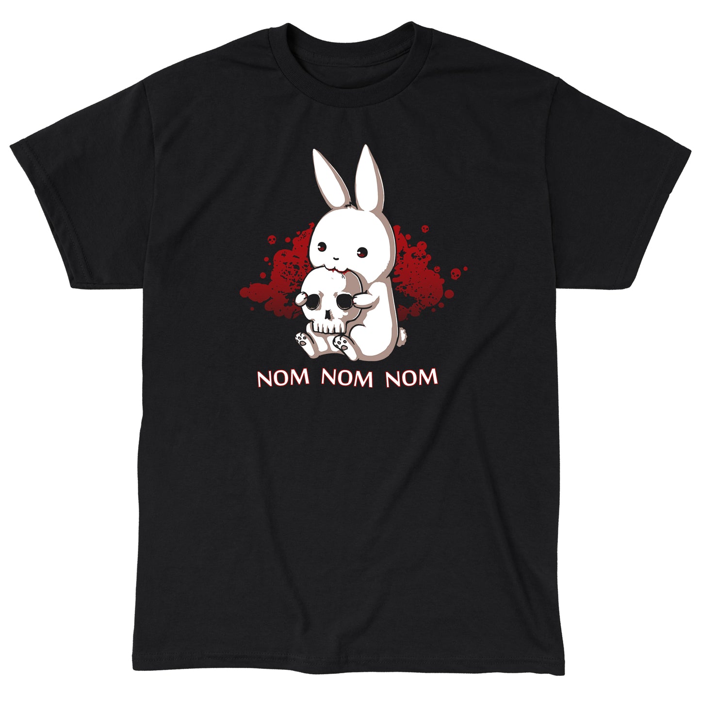 Classic Cotton T-shirt_TeeTurtle Adorable Monstrosity black t-shirt featuring an adorable bunny biting into a skull with the words "nom nom nom."