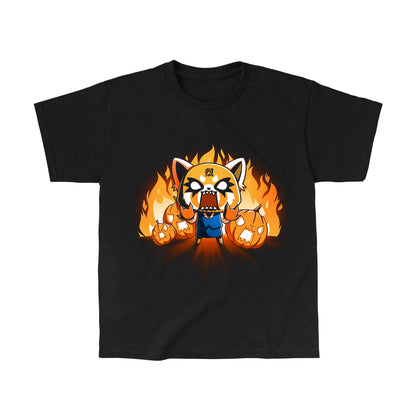 Classic Cotton T-shirt_TeeTurtle black Aggretsuko's Happy Halloween apparel featuring an enraged Aggretsuko with her paws in a Rumic sign pose with angry jack-o-lanterns and flames in the background.