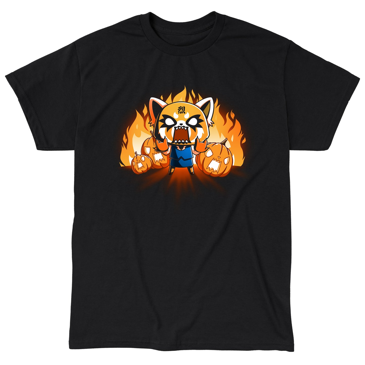 Classic Cotton T-shirt_TeeTurtle black Aggretsuko's Happy Halloween apparel featuring an enraged Aggretsuko with her paws in a Rumic sign pose with angry jack-o-lanterns and flames in the background.