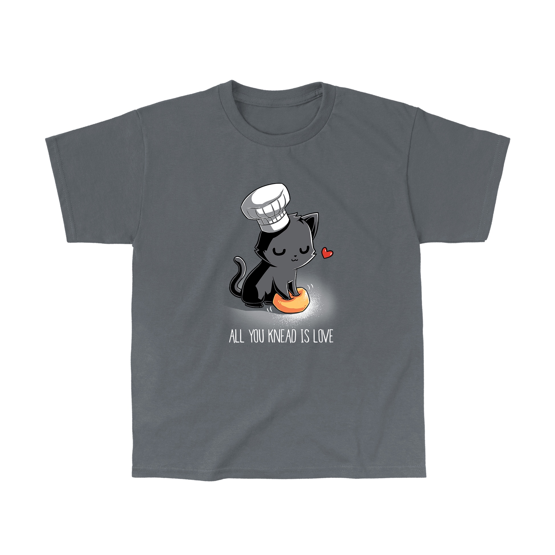 Classic Cotton T-shirt_A cartoon black cat wearing a chef's hat kneads a dough ball, with a red heart above its head, on this unisex tee. Caption reads: "All You Knead Is Love". Made of super soft ringspun cotton, this charcoal gray apparel called "All You Knead Is Love" by monsterdigital is perfect for cat lovers and baking enthusiasts alike.