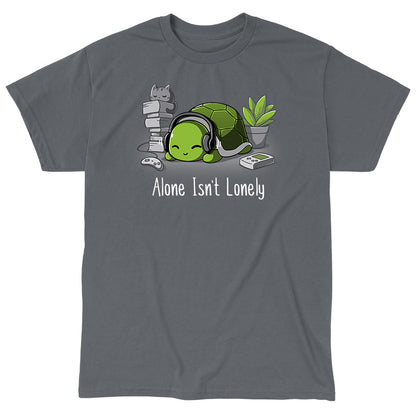 Classic Cotton T-shirt_TeeTurtle Alone Isn't Lonely charcoal gray t-shirt featuring a comfy-looking turtle with headphones laying by a plant, books, a cat, and video game items.