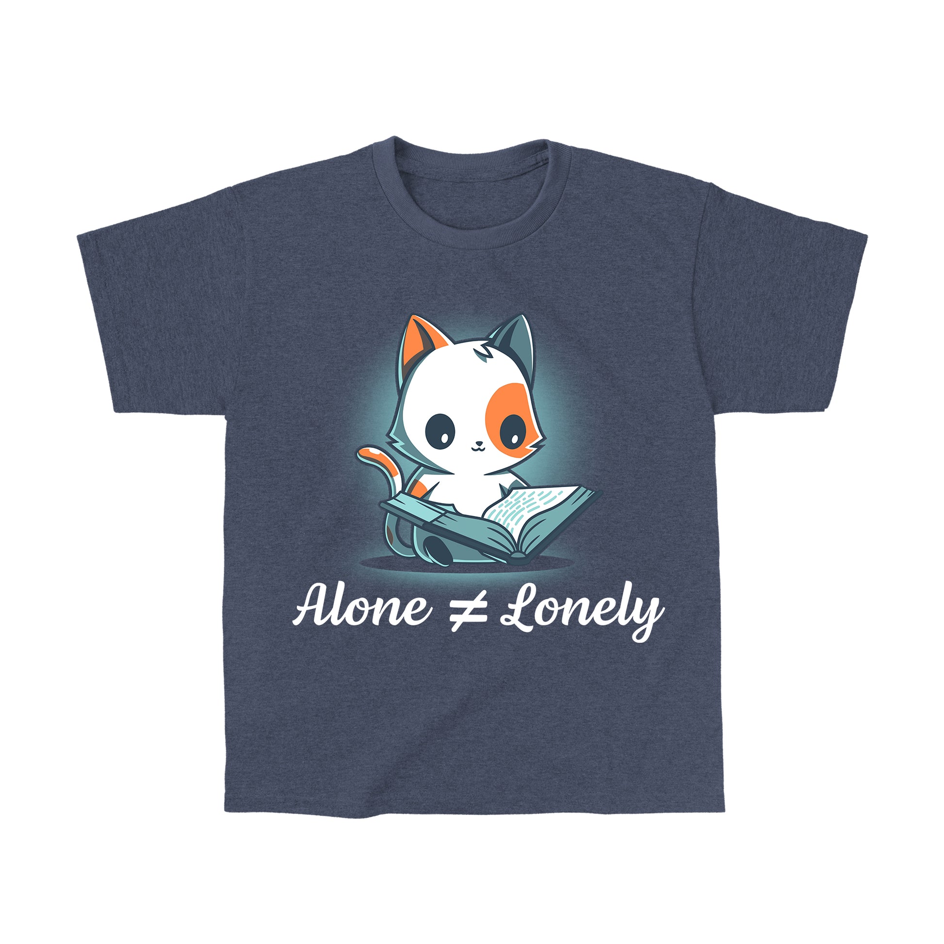 Classic Cotton T-shirt_TeeTurtle Alone Not Lonely heather navy t-shirt featuring cheerful cat reading a book.