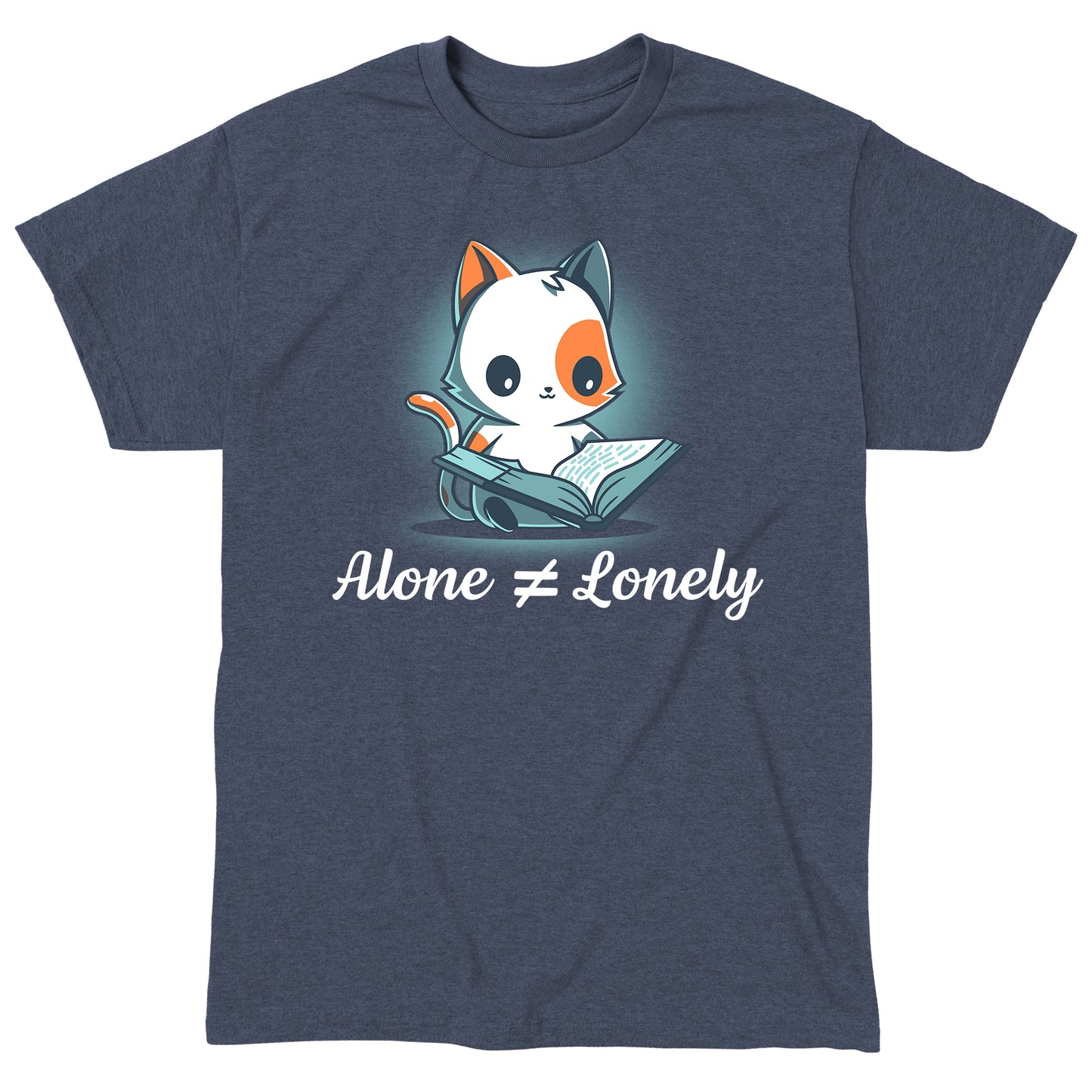 Classic Cotton T-shirt_TeeTurtle Alone Not Lonely heather navy t-shirt featuring cheerful cat reading a book.