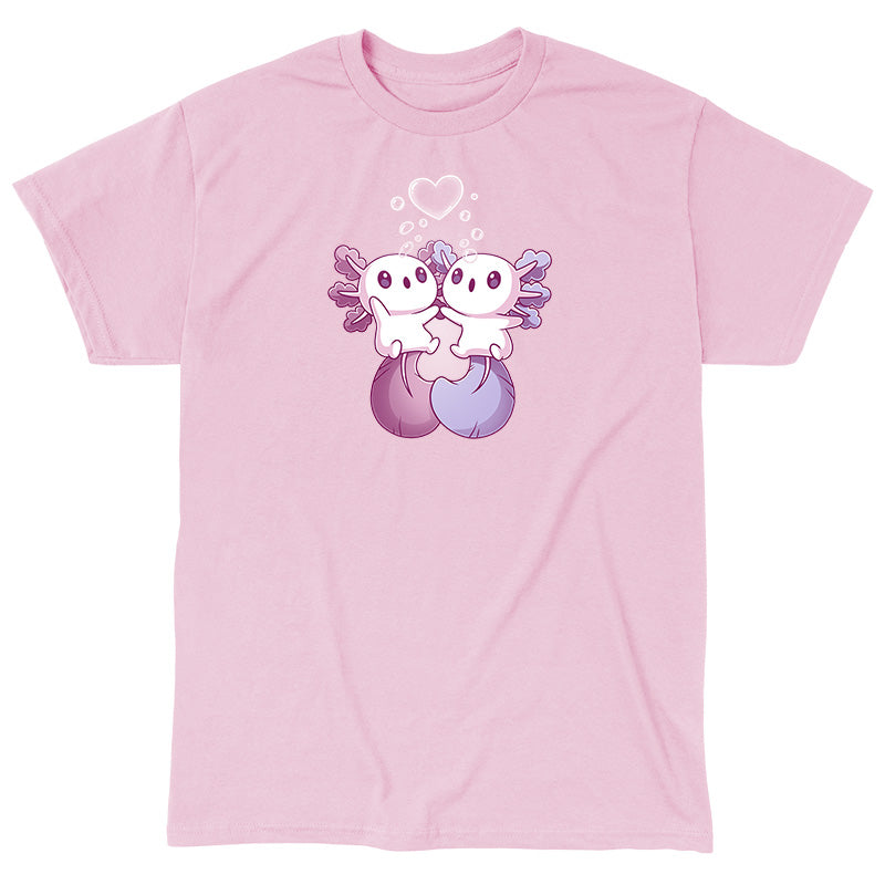 Classic Cotton T-shirt_TeeTurtle Alotl Love t-shirt featuring one pink and one blue axolotl holding hands underneath a heart-shaped bubble.